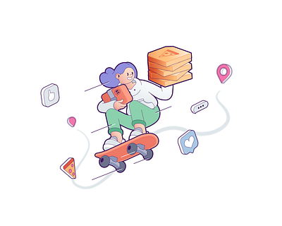 Heroic delivery girl flies with warm and fatty carbs 2d character adobe illustrator cartoon cartoon character character design delivery design girl graphic design illustration pizza skateboard ui vector