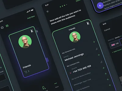 Known2Me - Contact Manager app design branding card ui cards glow mobile app product design ui ux