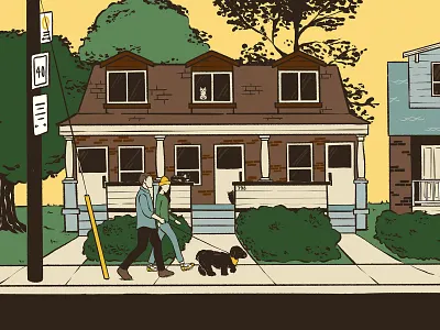 Pasc, Matt, and the girls couple digital illustration dog house houses illustration neighbourhood pets sidewalk toronto trees walk walking