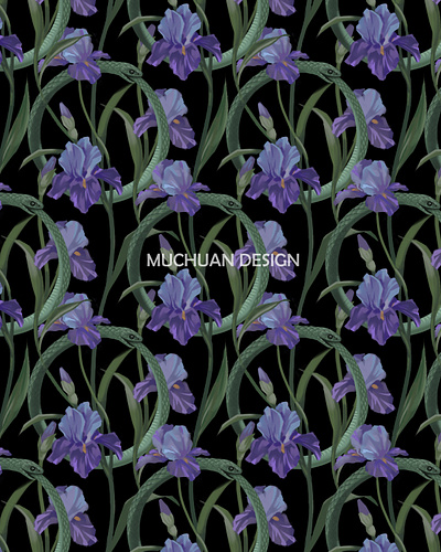 ouroboro with iris flowers(black bg) flower graphic design illustration pattern