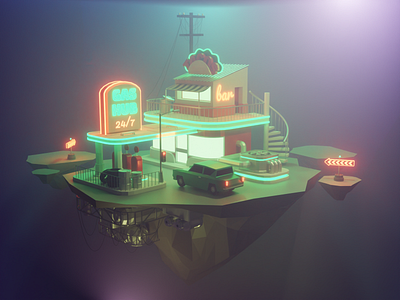 Gas station 3d blender cycles fog futurist gas station illustration low poly low poly lowpoly lowpoly art neon night petrol render retro tacos tiny scene usa