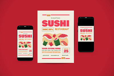 Sushi Restaurant Flyer Set adobe ai cafe design dorayaki envato flyer flyer poster food graphic design illustration item japan japanese japanesefood poster psd restaurant sushi