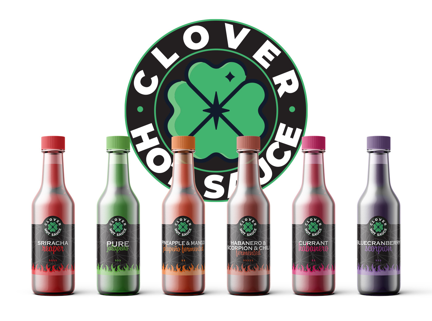 Example of Clover Hot Sauce Branding and Label design