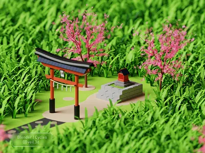Torii Gate Isometric 3d 3d illlustration 3d render design gate grass illustration isometric low poly sakura torii tree