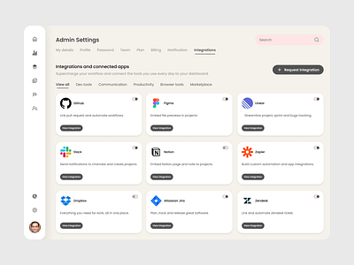 Integrations settings page — Dashboard Admin Web UI admincontrolpanel admindashboard admindesigntrends adminpageui adminpaneldesign adminsettings adminuiux adminux dashboardconfiguration dashboardsettings designinspiration designshowcase settingui uiadmindesign uiconfiguration uielements uiformdesign userpreferences usersettings webappsettings