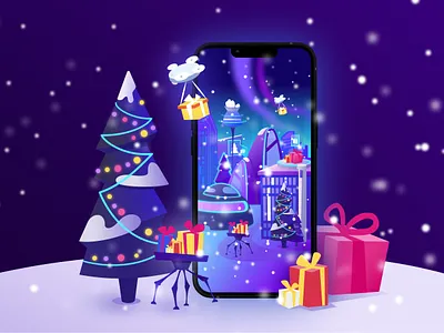 Christmas city of the future cartoon christmas christmas tree drone future graphic design holiday illustration new year night present robot snow vector