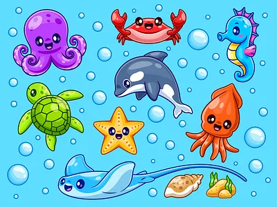 Sea Animal Collection Series🐢🦀🐳🐙 animals branding bubble character crab cute fish flat icon illustration logo ocean octopus sea seahorses squid star fish turtle water whale