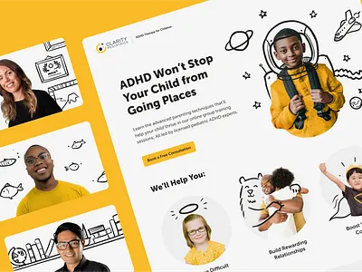 Clarity Pediatrics: Virtual Therapy branding branding design children clinic copywriting creative direction fun hand drawn illustration line drawing medical messaging orange therapy ui ux website