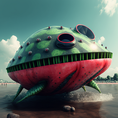 Water melon ufo alien water splash weird surreal AI 3d ai art artwork composing concept illustration ki random surreal weird