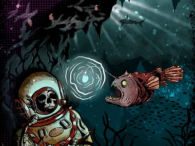 A Failed Dive adobe fresco angler fish design halftone dots illustration pop art sealife vintage scuba