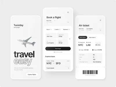 Flights Booking App airplane app booking flight graphic design mobile app monochrome plane tickets travel ui uiux ux