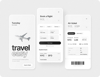 Flights Booking App airplane app booking flight graphic design mobile app monochrome plane tickets travel ui uiux ux