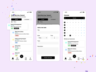 Lo-fi to Hi-fi - Task App UI Design in Figma app ui design minimal app design mobile app design task app task app design task app ui ui design ui ux design user interface design ux design ux rsearch