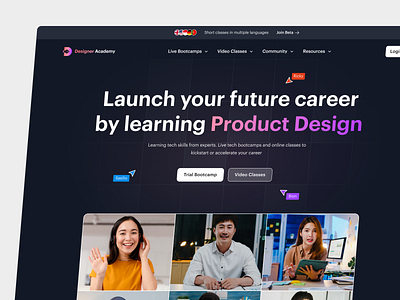 Designer Academy - Landing Page academy bootcamp clean ui dark mode designer glassmorphism graphic design landing page modern pattern simple teacher ui ui design uidesign uiuxdesign video classes zoom