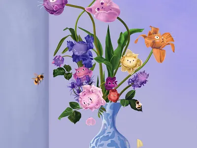 Memento Cato animal art bee cat cats colors cute death flower home illustration life lily memory renaissance room rose spring vase