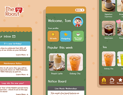 Animal Crossing Cafe Loyalty App | UI Project acnh animal crossing animalcrossing branding cafe cafe app coffee coffee app cute games gaming graphic design nintendo tea ui ui design uiux user interface user interface design videogame