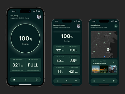 Electric Car Design App Mobile Dark Green battery status branding car clear ui dark green theme dark theme design electric app electric battery electric car electric car mobile app green theme mobile app mobile design ui uiux ux web design