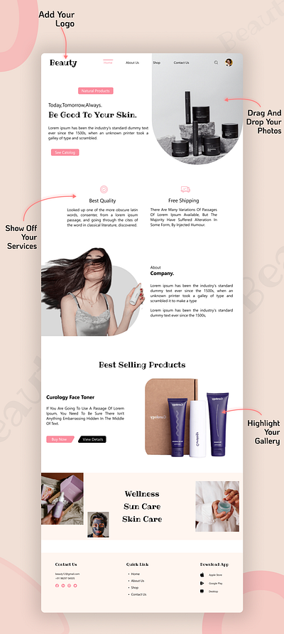 One Page Website for Beauty products! app beauty products branding cosmatics design graphic design illustration logo online order typography ui ux vector web design web development website