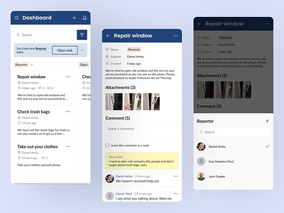 Canban board for a host to manage members requests assignee board figma kanban light theme minimal mobile reporter tasks ui ux web