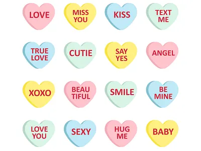 Set of valentine candies candy flat design heart illustration love pastel retro set sweet text trendy valentine xoxo