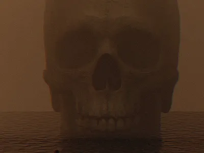 Uknown path, solo man in ocean with skull 3d alone alone man boy cinematic dark darkness despair digital fog man man in ocean ocean orange realistic red red art silhouette skull solo man