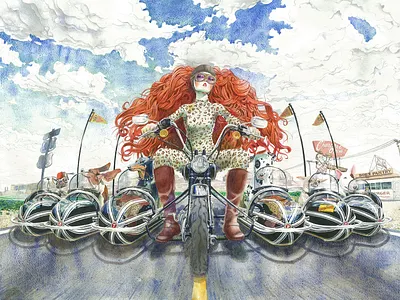 Sidecar Perra beautiful biker dog dogs girl illustration jilipollo motorbike motorcycle perro retro road route66 sidecar sky watercolor woman