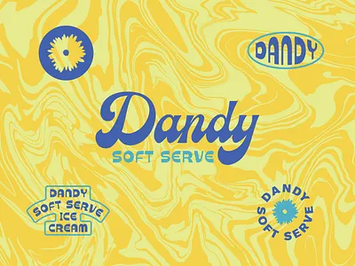 Dandy Branding 70s badge brand branding dandelion dandy floral flower funky ice cream lettering logo marble modern rebrand script soft serve stamp typography vintage
