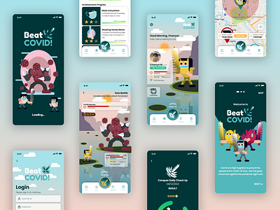BeatCOVID! - Covid19 Gamified Habit Tracker branding covid design gamification graphic design habit tracker health illustration logo medical app mobile app mockup tracker ui vector
