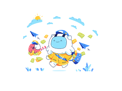 Postman Deliver Messages astronaut blue bright character cute fantasy illustration illustrator mail message messages monster playful post sunny yellow