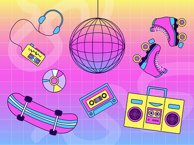 A colorful set of 90's and Y2k style fun items design flat illustration set vector y2k