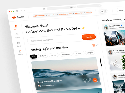 Graphos - Web Photo Marketplace clean dashboard design gallery glassmorphism marketplace pexels photo photographer photography product design trending ui uidesign unsplash web app web design website design