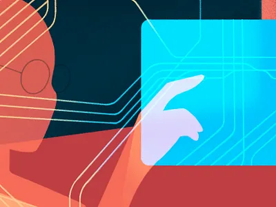 AI ai connections editorial glasses graphic hand illustration lines minimal overlay railway reality screen textures touch train virtual woman