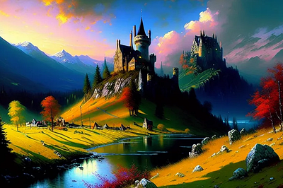 Fantasy Landscape - Castles on Hill cg art digital art fantasy landscape graphic design oil digital art