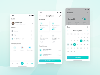 Oklahome - Profile, Management, and Statistic Date analytics app clean controller dashboard datepicker design electric ios iot metrics mobile app remote control room saas smart home app smarthome toggle ui ux