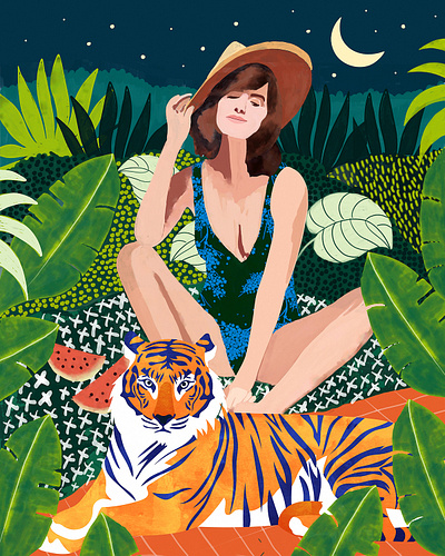 Living In The Jungle, Tiger Tropical Picnic Illustration modern