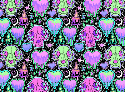 Colorful skulls and liquid hearts cartoon love