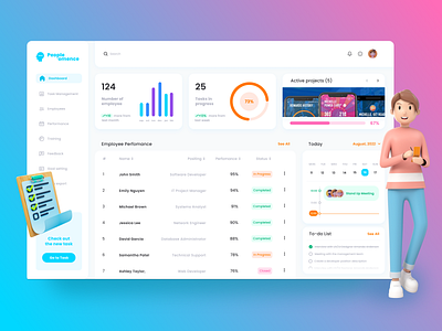 Dashboard platform for performance and productivity monitoring 3d app dailyui darshboard hr monitoring perfomance task managment task tracker time tracker todo list ui