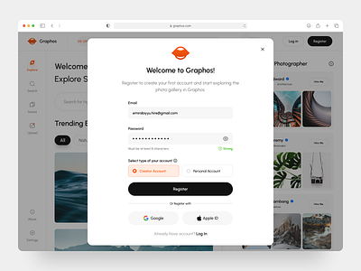 Graphos - Pop Up Register w/ Spacing System clean component dashboard design design system login password pop up product design register page sign in sign up spacing system ui uidesign ux web app web design website application website design