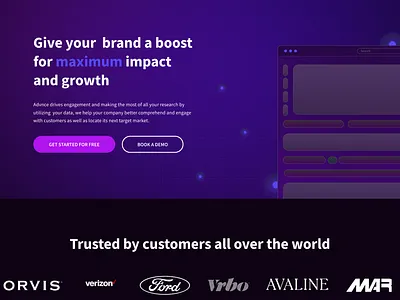 ADVNCE - Data engagement Saas, website design analytics b2b b2c data insights landing page saas ui web desig