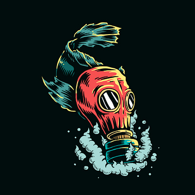 fish wearing gas mask in polluted water illustration. graphic design illustration