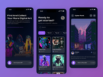 NFT Marketplace Mobile App app appdesign application creative crypto dark darkmode design futuristic graphic design mobiledesign mobileui nft nftapp nftmarketplace nftmobile simple typography ui uiuxdesign