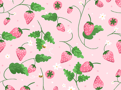 Fruity! bee bees bij cute fabric flowers fruity green illustration insect pattern pink procreate repeat seamless strawberry summer surfacedesign wrapping