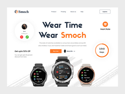 Smoch - Watch Landing Page branding buy call count step design figma heart rate landing page logo online watch smart watch smoch time ui ux watch wear watch web web page website