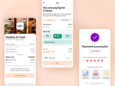 Ordering and payment screens for a restaurant app bill app menu mobile app mobile payment payment payment via qr qr code restaurant app success screen tipping ui