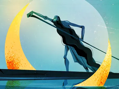 charon ancient beard boat cartoon charon greek horror illustration moon myth mythology retro river style styx texture vector vintage