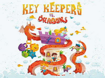 Board game BOX design 2d art board game bright castle children childrens style design doors dragon game illustration illustration for children locks logo princess tower ui