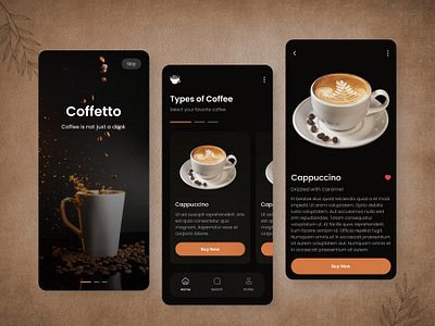 Coffetto - Coffee App Design app application branding buy cappuccino coffee coffetto cup dark dark app design figma logo mobile app mobile deisgn order theam ui ui design ux