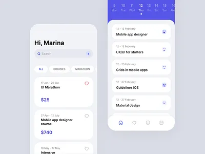 Mobile app design calendar courses lists mobile app ui design uxui design