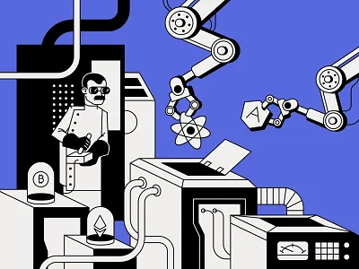 development process bitcoin crypto ethereum illustration mechanic react robots scientist
