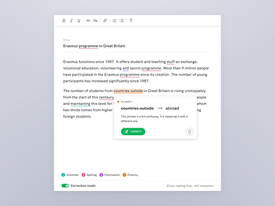 Contextual spell checking for text editor app contextual document editor editorial software grammar helper journalism minimal mistakes newsroom score spell check spelling text text editor ui word writer writing